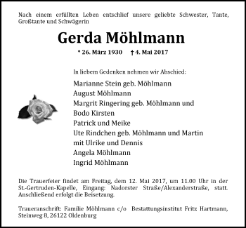 Traueranzeige von Gerda Möhlmann von Nordwest-Zeitung
