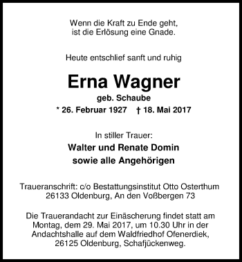 Traueranzeige von Erna Wagner von Nordwest-Zeitung