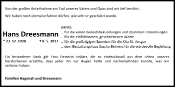 Traueranzeige von Hans Dreesmann von Nordwest-Zeitung