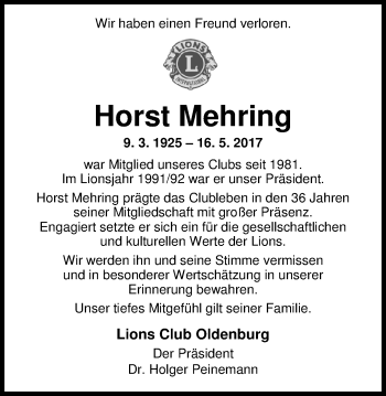 Traueranzeige von Horst Mehring von Nordwest-Zeitung