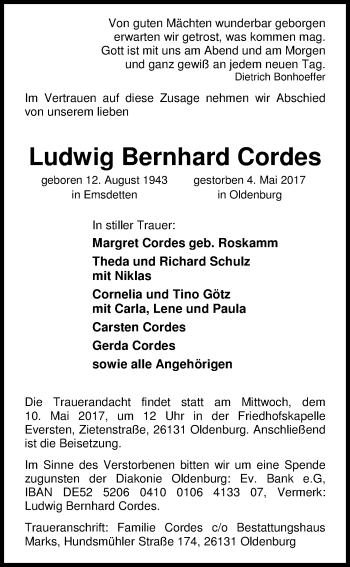 Traueranzeige von Ludwig Bernhard Cordes von Nordwest-Zeitung