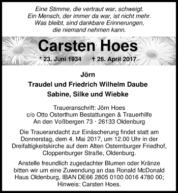 Traueranzeige von Carsten Hoes von Nordwest-Zeitung
