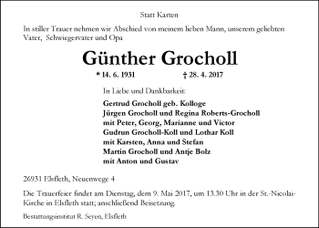 Traueranzeige von Günther Grocholl von Nordwest-Zeitung