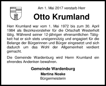 Traueranzeige von Otto Krumland von Nordwest-Zeitung