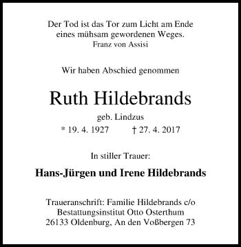 Traueranzeige von Ruth Hildebrands von Nordwest-Zeitung