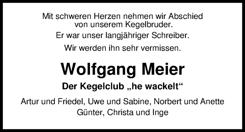  Traueranzeige für Wolfgang Meier vom 26.05.2017 aus Nordwest-Zeitung