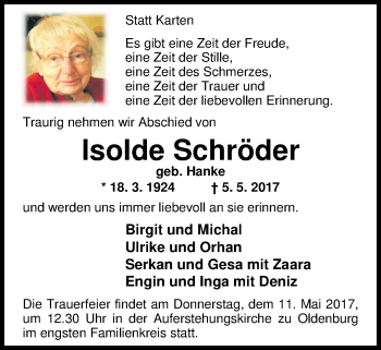 Traueranzeige von Isolde Schröder von Nordwest-Zeitung