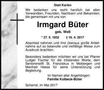Traueranzeige von Irmgard Büter von Nordwest-Zeitung