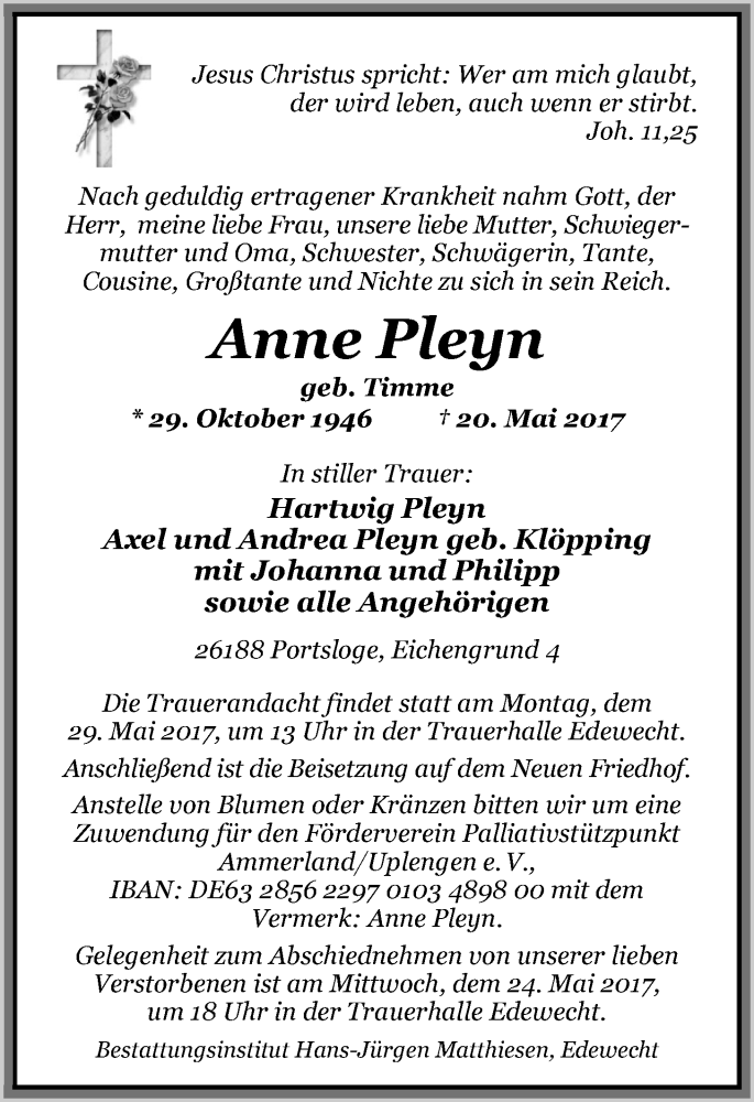  Traueranzeige für Anne Pleyn vom 23.05.2017 aus Nordwest-Zeitung