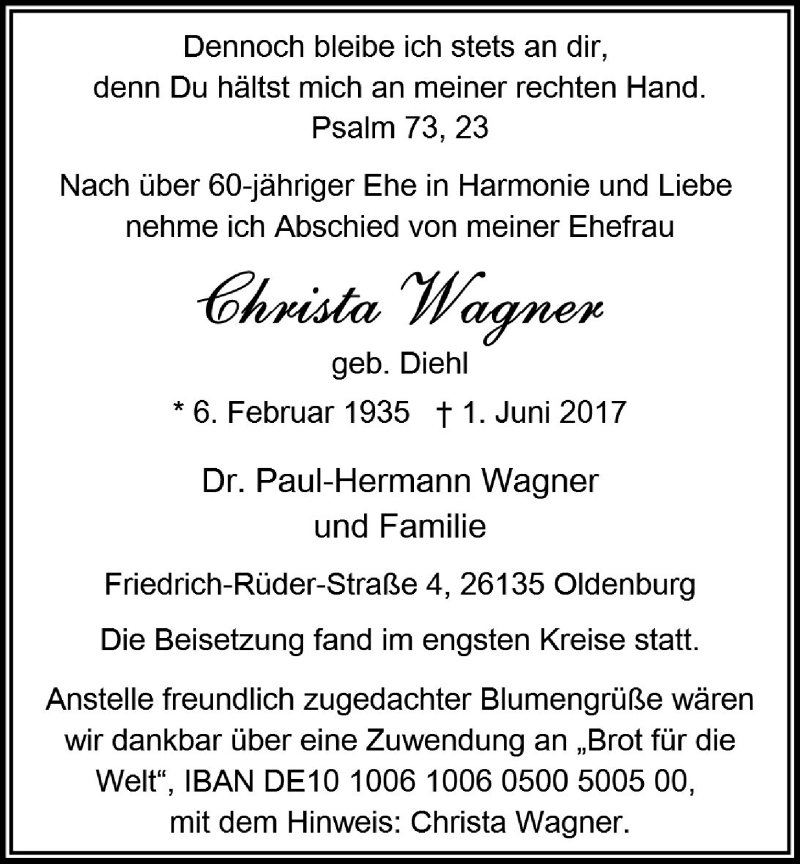 Traueranzeige für Christa Wagner vom 17.06.2017 aus Nordwest-Zeitung