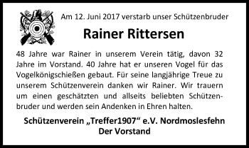 Traueranzeige von Rainer Rittersen von Nordwest-Zeitung