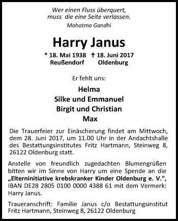 Traueranzeige von Harry Janus von Nordwest-Zeitung