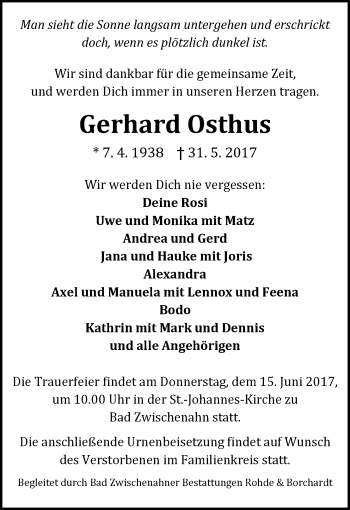 Traueranzeige von Gerhard Osthus von Nordwest-Zeitung