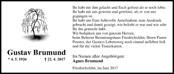 Traueranzeige von Gustav Brumund von Nordwest-Zeitung