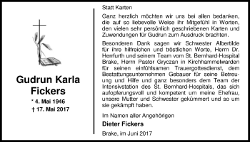 Traueranzeige von Gudrun Karla Fickers von Nordwest-Zeitung