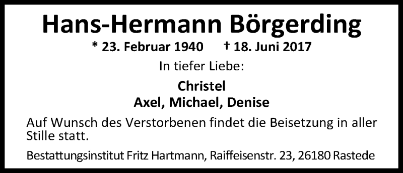  Traueranzeige für Hans Hermann Börgerding vom 24.06.2017 aus Nordwest-Zeitung