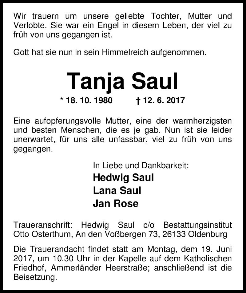  Traueranzeige für Tanja Saul vom 17.06.2017 aus Nordwest-Zeitung