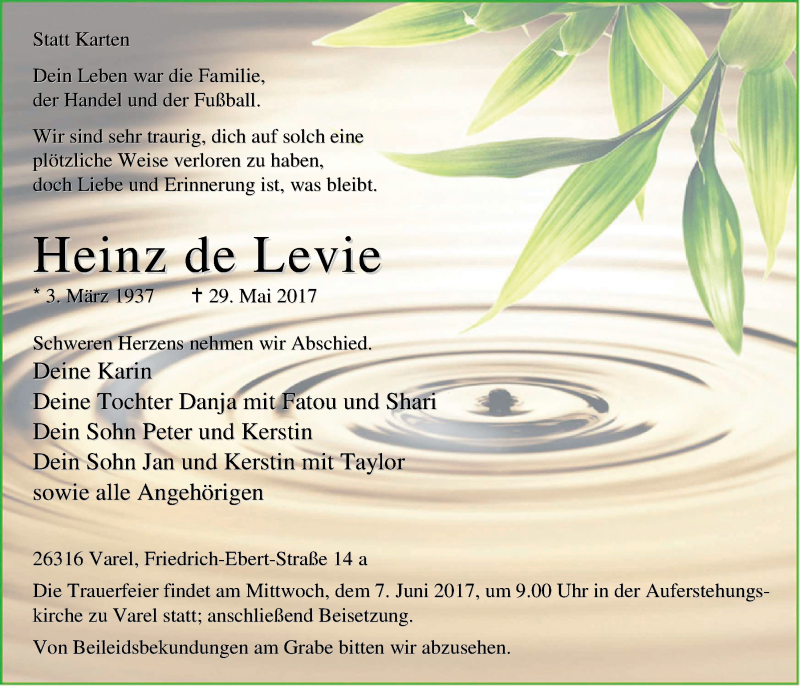 Traueranzeige für Heinz de Levie vom 01.06.2017 aus Nordwest-Zeitung
