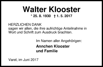 Traueranzeige von Walter Klooster von Nordwest-Zeitung