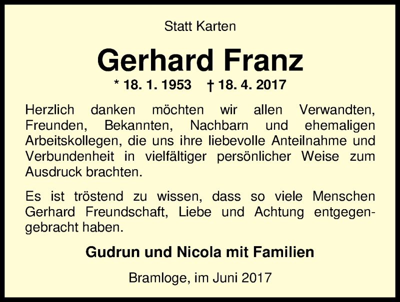  Traueranzeige für Gerhard Franz vom 03.06.2017 aus Nordwest-Zeitung