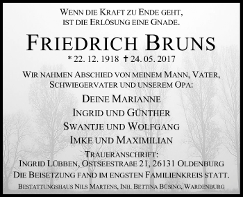 Traueranzeige von Friedrich Bruns von Nordwest-Zeitung