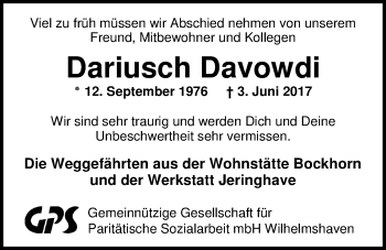 Traueranzeige von Dariusch Davowdi von Nordwest-Zeitung