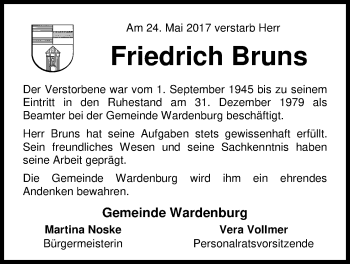Traueranzeige von Friedrich Bruns von Nordwest-Zeitung