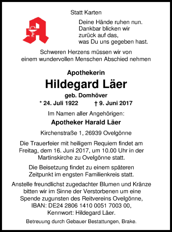 Traueranzeige von Hildegard Läer von Nordwest-Zeitung