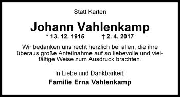 Traueranzeige von Johann Vahlenkamp von Nordwest-Zeitung