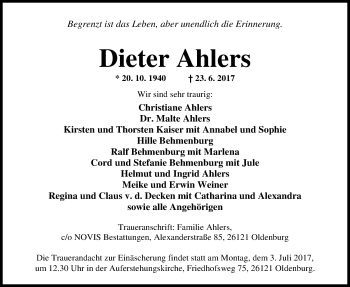Traueranzeige von Dieter Ahlers von Nordwest-Zeitung