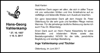 Traueranzeige von Hans-Georg Vahlenkamp von Nordwest-Zeitung