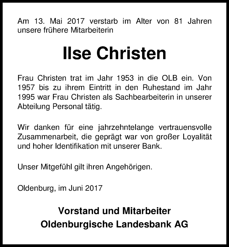  Traueranzeige für Ilse Christen vom 14.06.2017 aus Nordwest-Zeitung