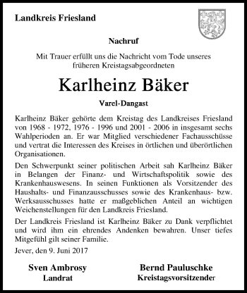 Traueranzeige von Karlheinz Bäker von Nordwest-Zeitung