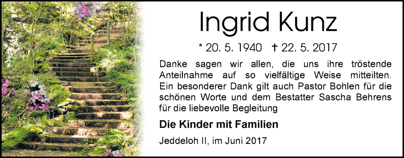  Traueranzeige für Ingrid Kunz vom 27.06.2017 aus Nordwest-Zeitung