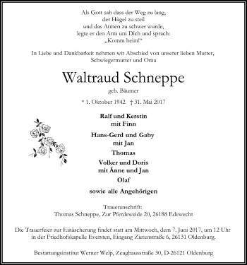 Traueranzeige von Waltraud Schneppe von Nordwest-Zeitung