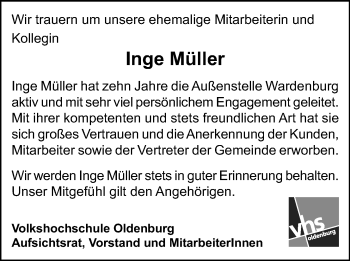 Traueranzeige von Inge Müller von Nordwest-Zeitung