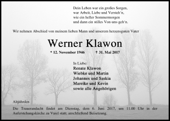 Traueranzeige von Werner Klawon von Nordwest-Zeitung