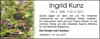 Traueranzeige von Ingrid Kunz von Nordwest-Zeitung