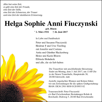 Traueranzeige von Helga Fiuczynski von Nordwest-Zeitung