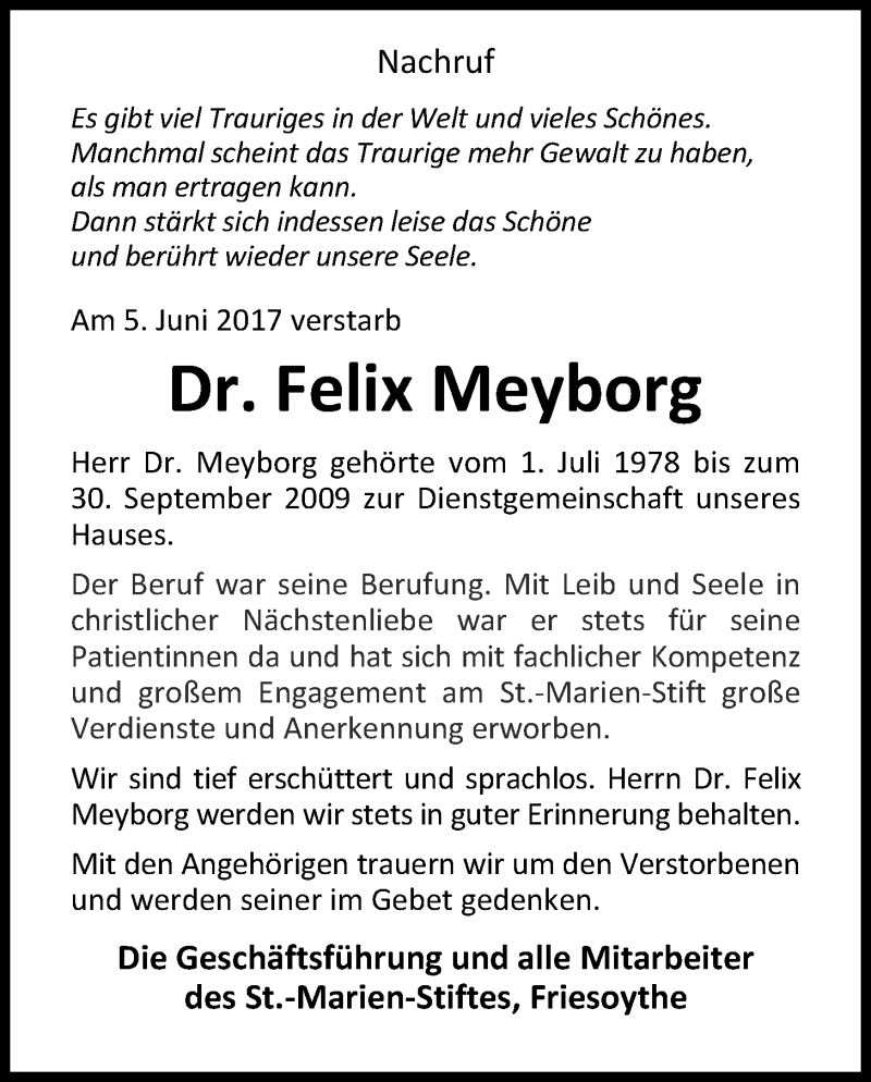  Traueranzeige für Felix Meyborg vom 08.06.2017 aus Nordwest-Zeitung