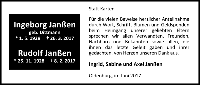  Traueranzeige für Rudolf Janßen vom 03.06.2017 aus Nordwest-Zeitung