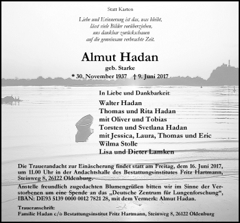 Traueranzeige von Almut Hadan von Nordwest-Zeitung