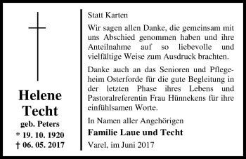 Traueranzeige von Helene Techt von Nordwest-Zeitung