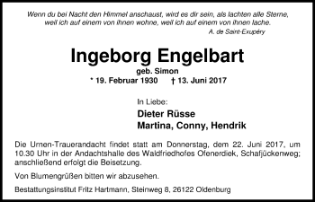 Traueranzeige von Ingeborg Engelbart von Nordwest-Zeitung