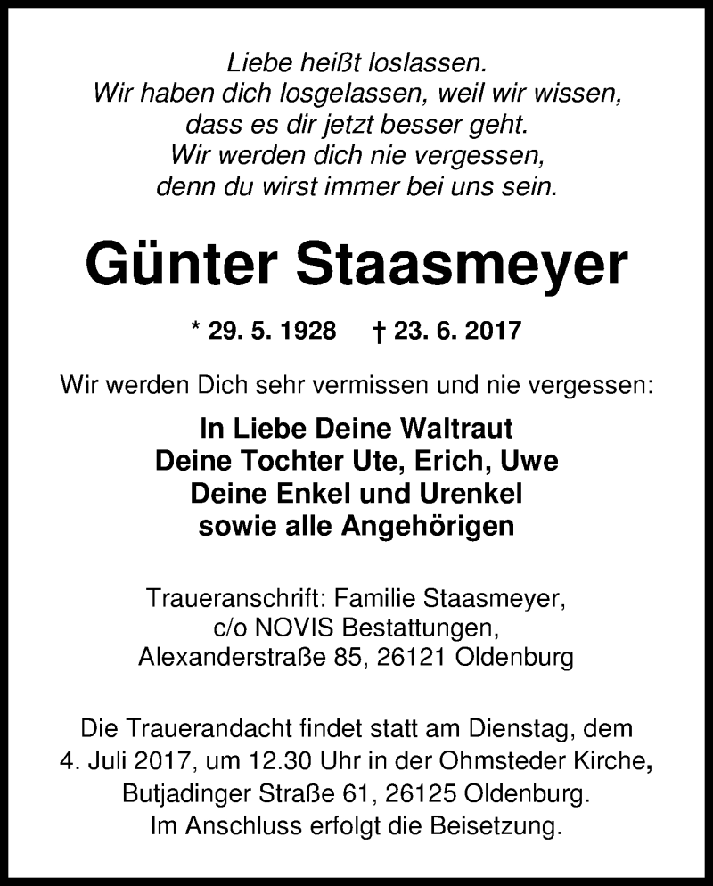  Traueranzeige für Günter Staasmeyer vom 28.06.2017 aus Nordwest-Zeitung