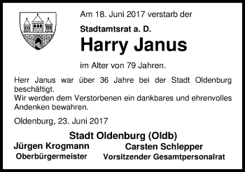 Traueranzeige von Harry Janus von Nordwest-Zeitung