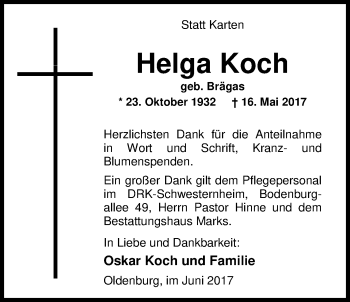 Traueranzeige von Helga Koch von Nordwest-Zeitung