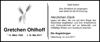 Traueranzeige von Gretchen Ohlhoff von Nordwest-Zeitung