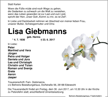 Traueranzeige von Lisa Giebmanns von Nordwest-Zeitung