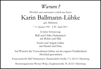 Traueranzeige von Karin Lübke-Ballmann von Nordwest-Zeitung